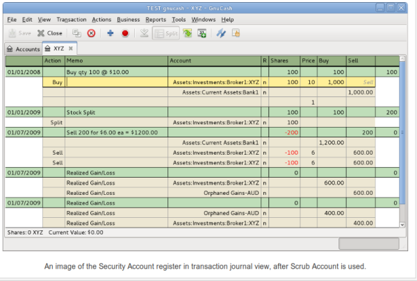 Image du registre du compte d'actions en vue journal des transactions, après la vérification du compte