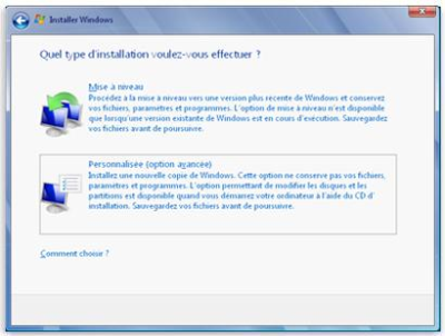 Options d’installation de Windows 7