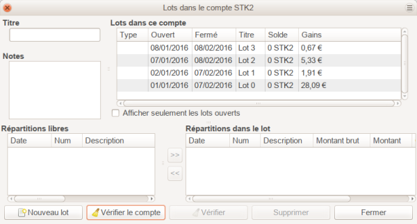 Image de la fenêtre Lots dans le compte après avoir utilisé la vérification du compte Image de la fenêtre Lots dans le compte après avoir utilisé la vérification du compte