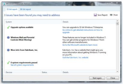Ce rapport dresse la liste des actions requises pour préparer votre ordinateur à recevoir Windows 7.