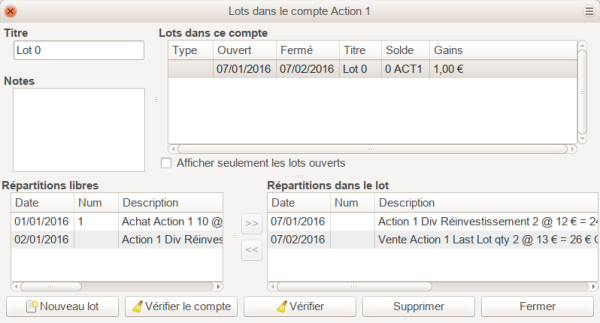 Une image de la fenêtre Lots dans le compte avant de Vérifier un seul lot Une image de la fenêtre Lots dans le compte avant de Vérifier un seul lot