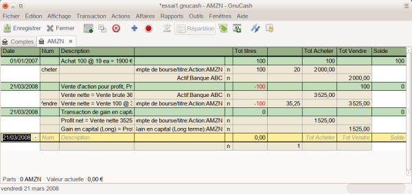 Exemple de vente d’actions pour un gain où la vente et le gain sont enregistrés dans des transactions distinctes, dans la vue Journal des transactions Exemple de vente d’actions pour un gain où la vente et le gain sont enregistrés dans des transactions distinctes, dans la vue Journal des transactions