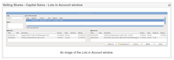 Une image de la fenêtre Lots in Account Une image de la fenêtre Lots in Account